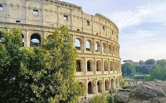The Colosseum in Rome, showing its arched exterior walls with sections of stone and open windows. Trees in the foreground partially frame the structure, with clear sky visible above. Visitors can be seen near the base, emphasizing the building's scale.