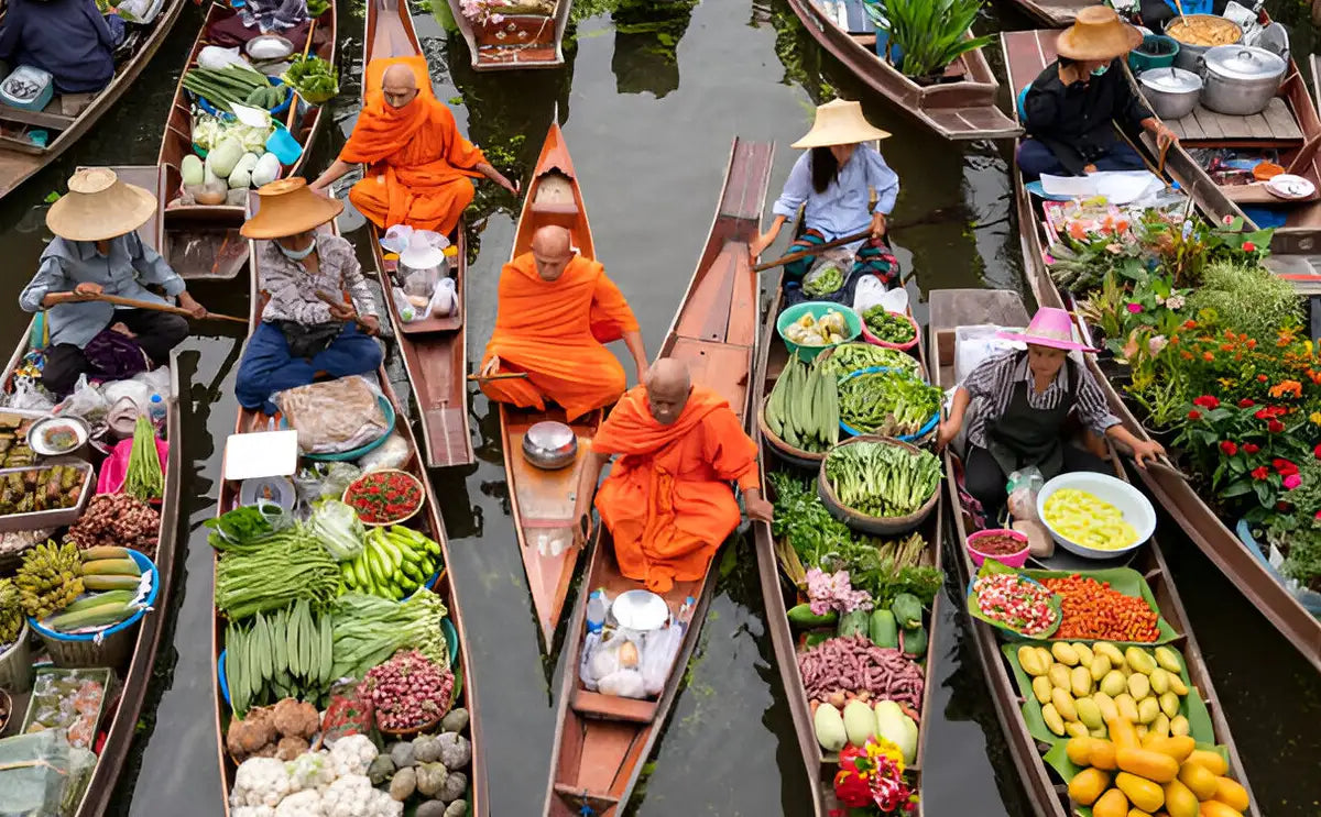 Overhead view of monks in orange robes receiving alms on wooden boats surrounded by vendors selling fresh fruits, vegetables, and flowers at the Damnoen Saduak Floating Market in Thailand.