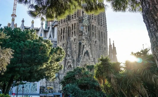 The Sagrada Família in Barcelona, surrounded by trees and lit by the warm glow of the sun, is a stunning example of Gaudí’s unique architecture.